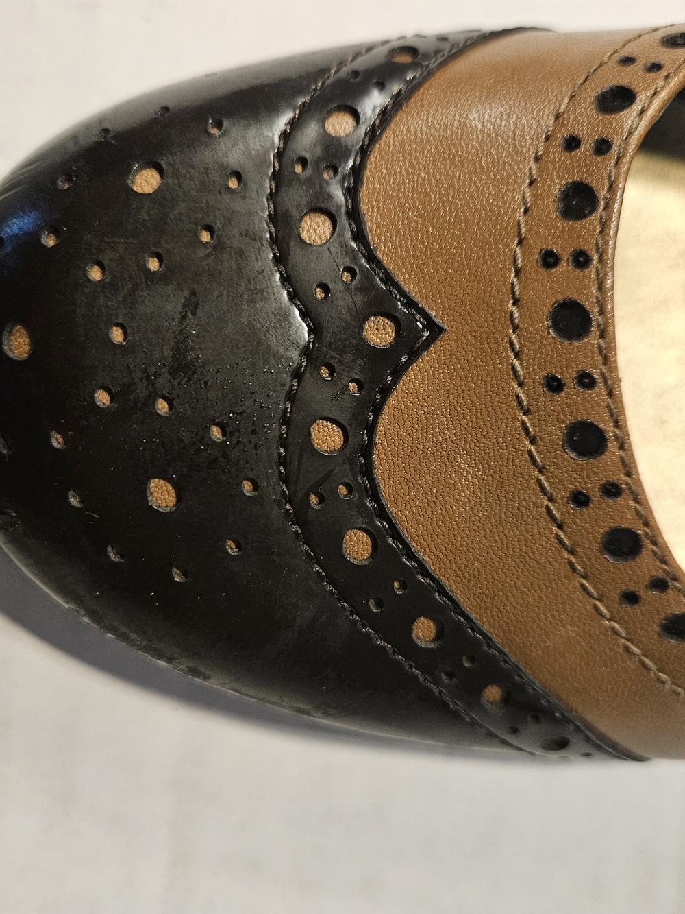 Franco Sarto Two-Tone Brown and Black Brogue Kitten Heels - Picture 5 of 8